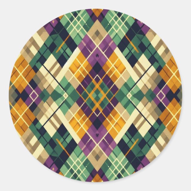 Argyle Mardi Gras yellow purple green Classic Round Sticker (Front)