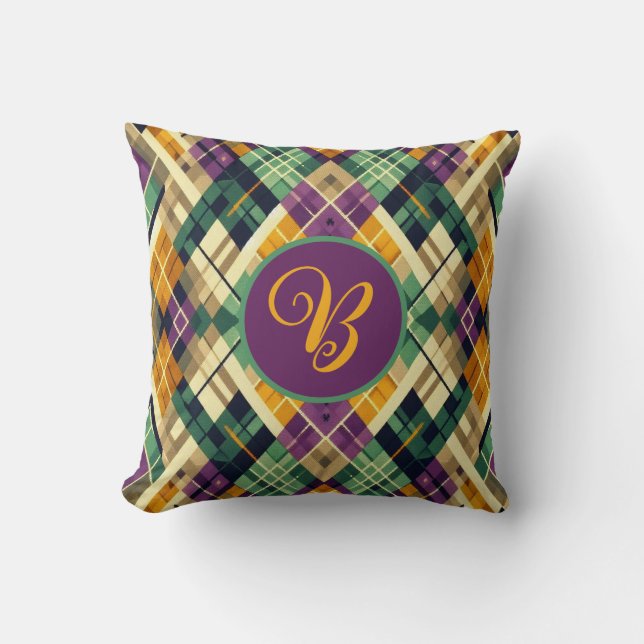 Argyle Mardi Gras yellow purple green Cushion (Front)