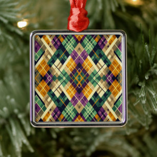 Argyle Mardi Gras yellow purple green Metal Ornament