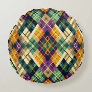 Argyle Mardi Gras yellow purple green Round Cushion