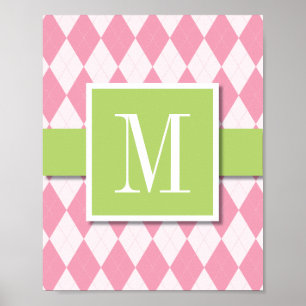 Argyle Monogram Wall Art, Pink & Lime Poster