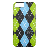 Argyle pattern black, green, blue monogram