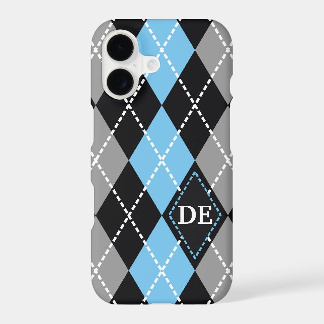 Argyle pattern black, grey blue monogram (Back)