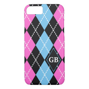 Argyle pattern black, pink, blue monogram iPhone 8/7 case