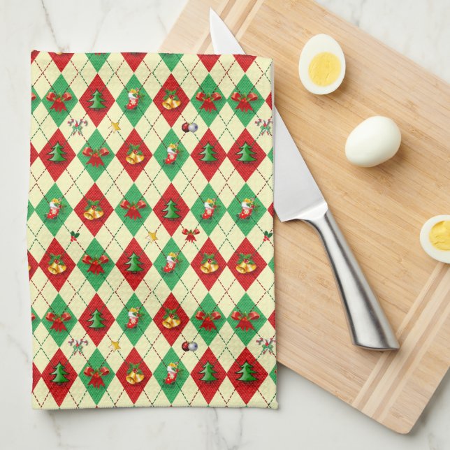 Argyle Pattern Christmas Tea Towel (Quarter Fold)