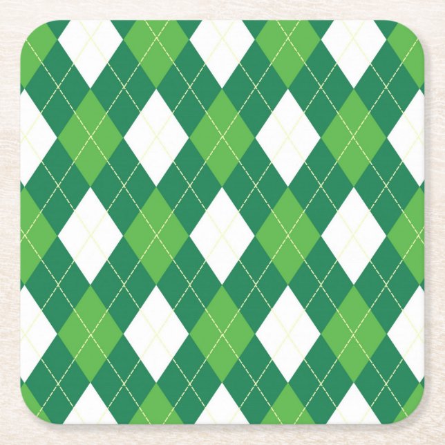 Argyle Pattern, Green and White Square Paper Coaster (Front)