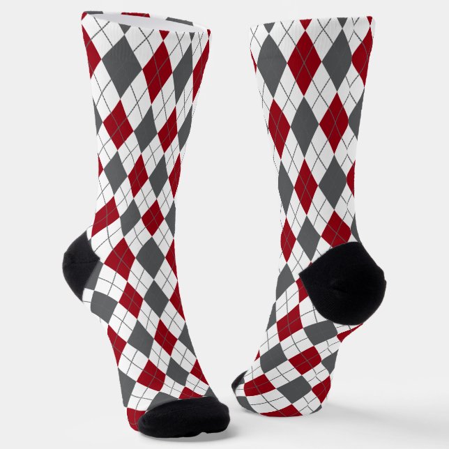 Argyle Pattern Grey Burgundy Socks (Angled)