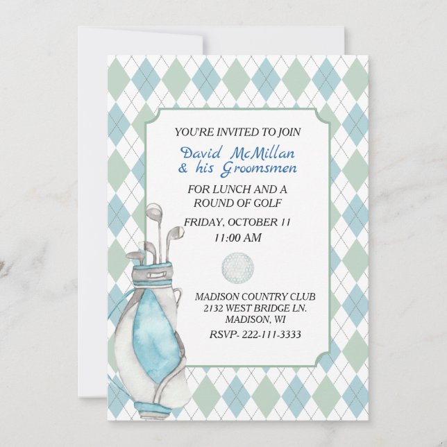 Argyle Pattern Groom's Golf Party Invitation (Front)