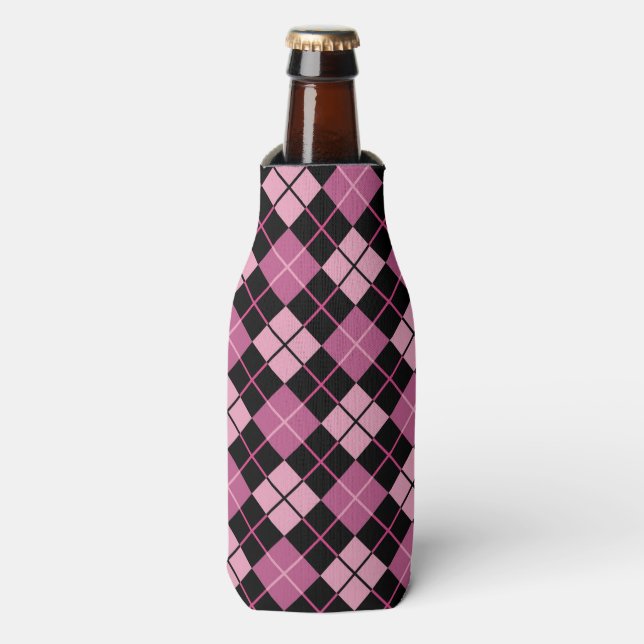Argyle Pattern in Black and Pink Bottle Cooler (Bottle Front)