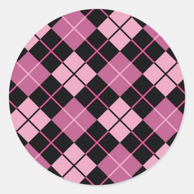 Argyle Pattern in Black and Pink Classic Round Sticker (Front)