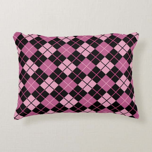 Argyle Pattern in Black and Pink Decorative Cushion (Front)