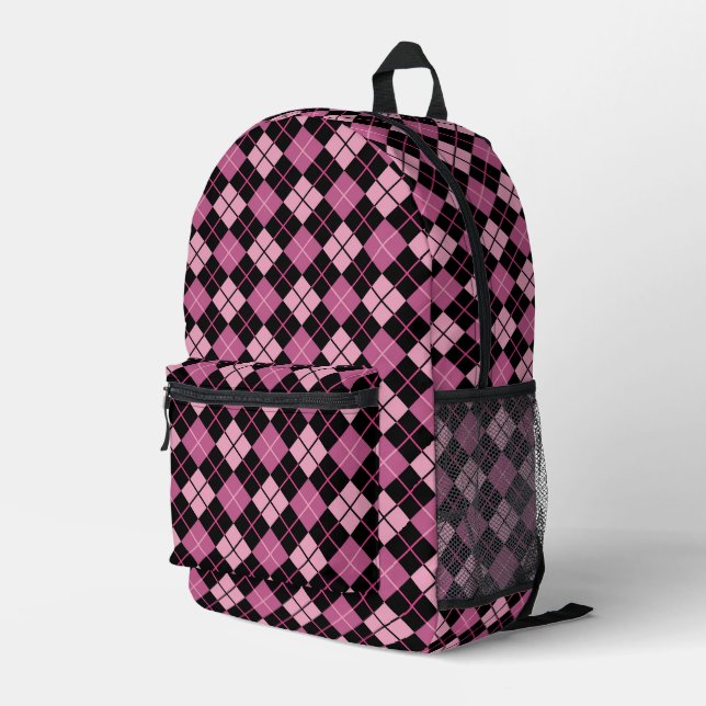 Argyle Pattern in Black and Pink Printed Backpack (Back Corner Right)