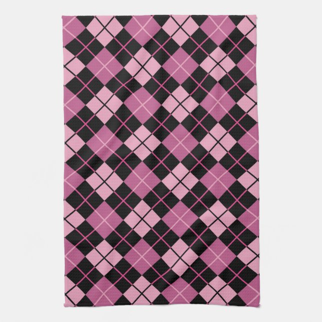 Argyle Pattern in Black and Pink Tea Towel (Vertical)