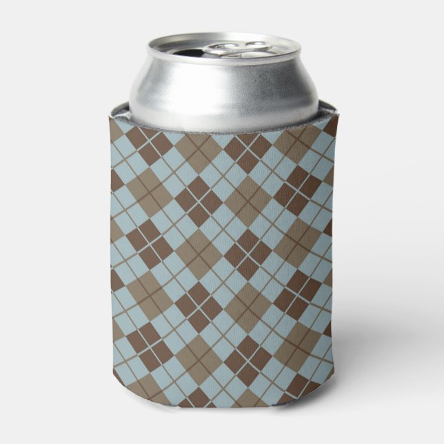 Argyle Pattern in Blue and Taupe Can Cooler (Can Front)