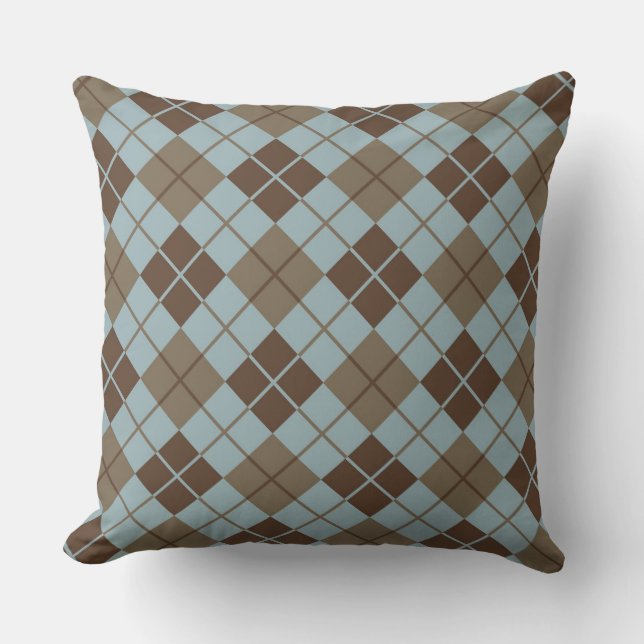 Argyle Pattern in Blue and Taupe Cushion (Front)