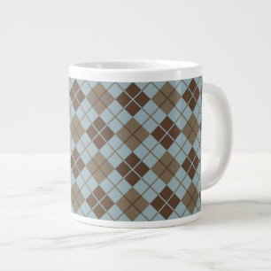 Argyle Pattern in Blue and Taupe Large Coffee Mug
