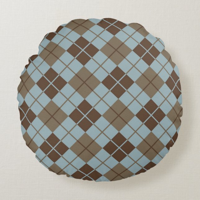 Argyle Pattern in Blue and Taupe Round Cushion (Front)