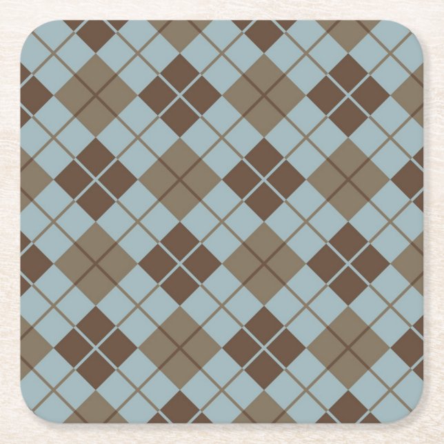 Argyle Pattern in Blue and Taupe Square Paper Coaster (Front)