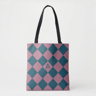 Argyle pattern monogram ocean blue pink tote bag