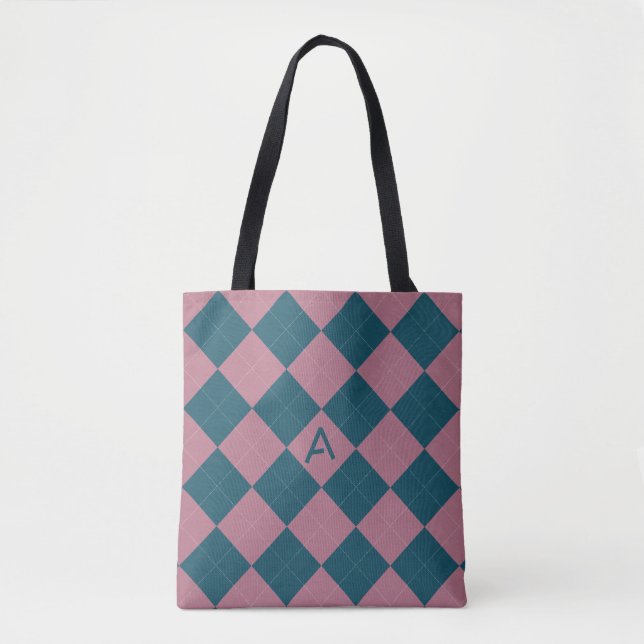  Argyle pattern monogram ocean blue pink tote bag (Front)
