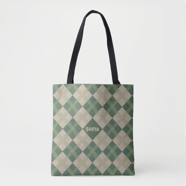  Argyle pattern name green  red tote bag (Front)