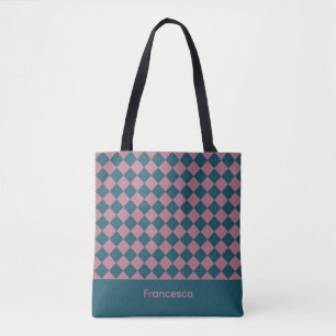 Argyle pattern ocean blue pink name tote bag