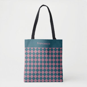  Argyle pattern ocean blue pink name tote bag