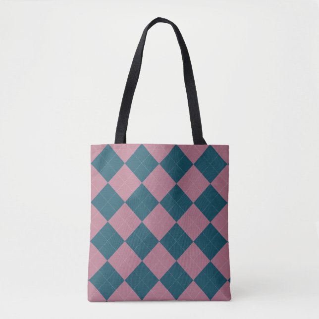  Argyle pattern ocean blue pink tote bag (Front)
