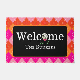 Argyle Pink and Orange Golf Welcome Entry Doormat
