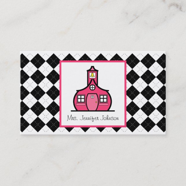 Argyle Pink Schoolhouse Teacher Business Card (Front)