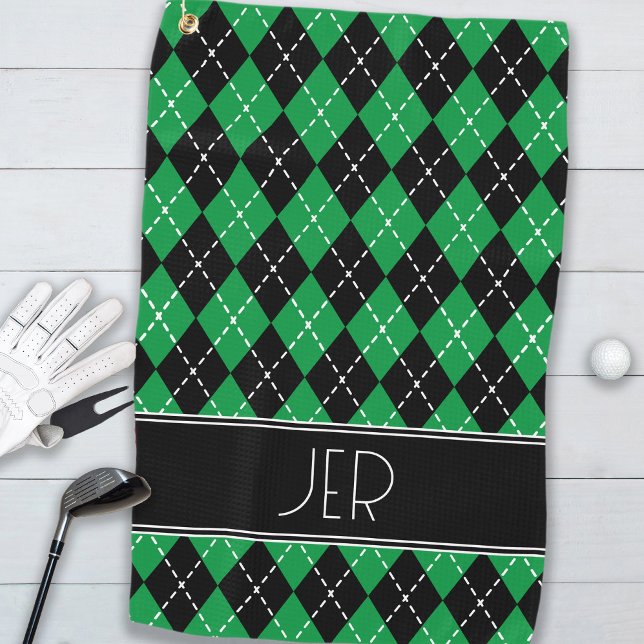 Argyle Plaid Custom Monogram Initials Black Green Golf Towel (Argyle Plaid Custom Monogram Initials Black Green Golf Towel)