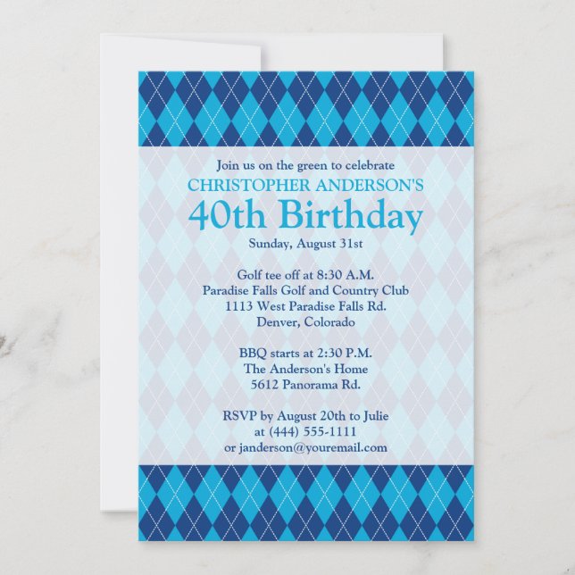 Argyle Plaid Navy Blue Golf 40th Birthday Invitation (Front)