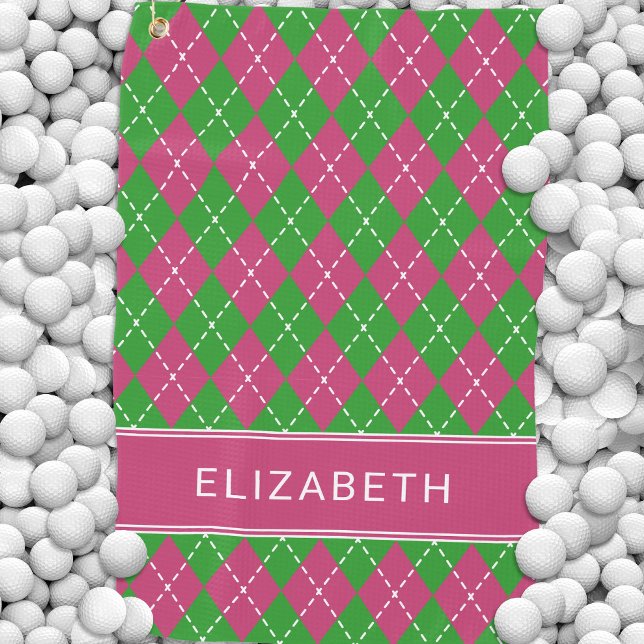 Argyle Plaid Pink Green Custom Name Preppy Golf Towel (Argyle Plaid Pink Green Custom Name Preppy Golf Towel)