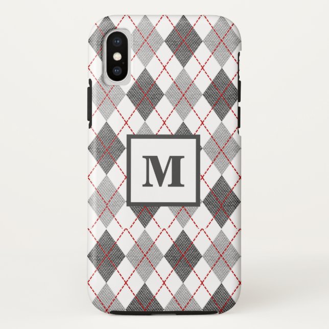 Argyle Plaid Red Grey Silver Custom Monogram Case-Mate iPhone Case (Back)