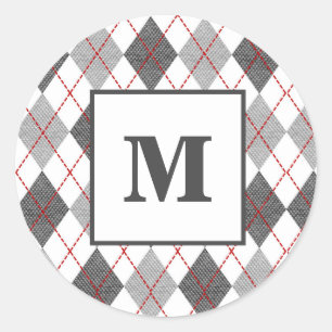 Argyle Plaid Red Grey Silver Custom Monogram Classic Round Sticker