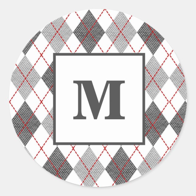 Argyle Plaid Red Grey Silver Custom Monogram Classic Round Sticker (Front)