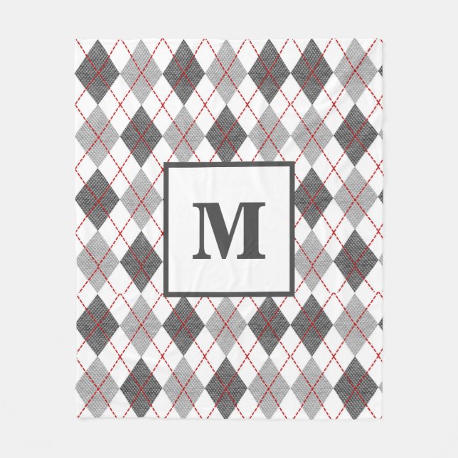 Argyle Plaid Red Grey Silver Custom Monogram Fleece Blanket (Front)