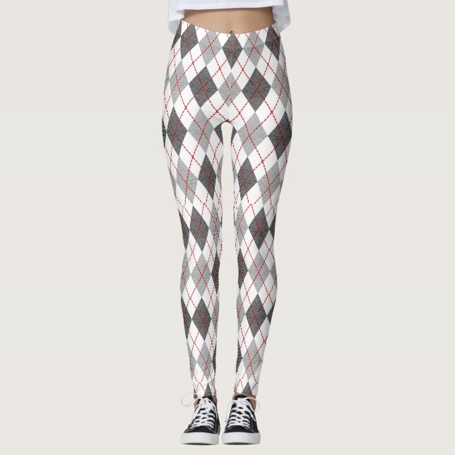 Argyle Plaid Red Grey Silver Leggings (Front)