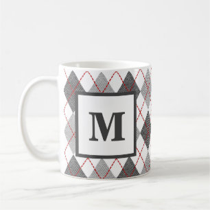 Argyle Plaid Red Grey Silver Monogram Coffee Mug