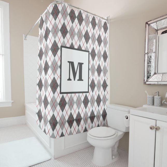 Argyle Plaid Red Grey Silver Monogram Shower Curtain (In Situ)