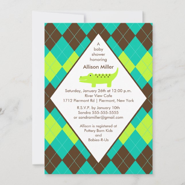 Argyle Preppy Alligator Boy Baby Shower Invitation (Front)