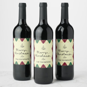 Argyle Red Green Script Cute Merry Christmas  Wine Label