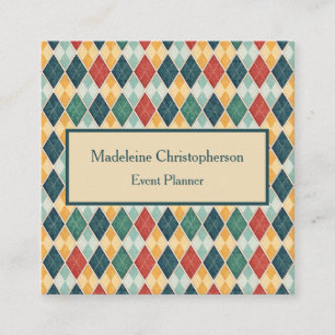 Argyle Retro Harlequin Red Green Template Square Business Card