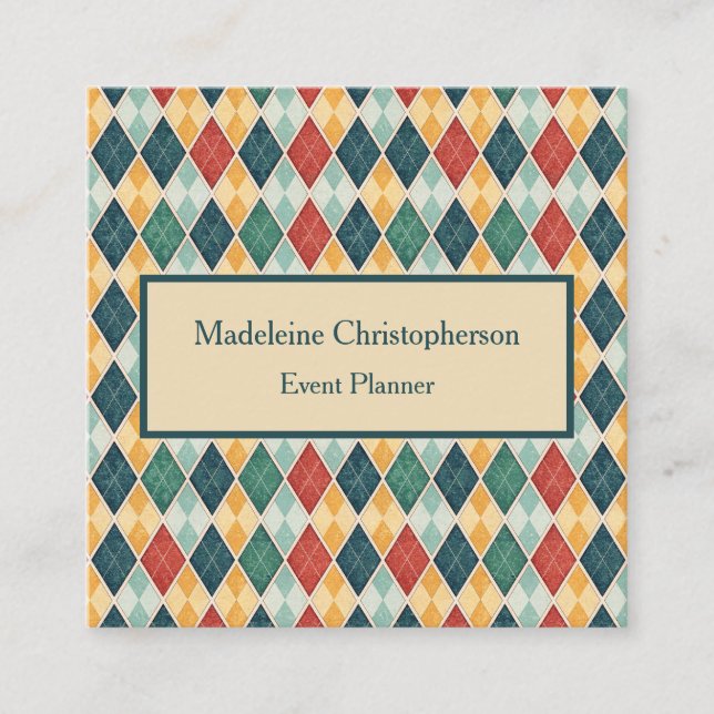 Argyle Retro Harlequin Red Green Template Square Business Card (Front)