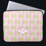 Argyle style pattern pink monogram laptop case<br><div class="desc">Printed fabric effect diamond pattern in pink and pale green shades with white monogram. Personalise with your initials. Currently reads ST.  Uniquely designed pattern based on Argyle tartan and design by Sarah Trett.</div>