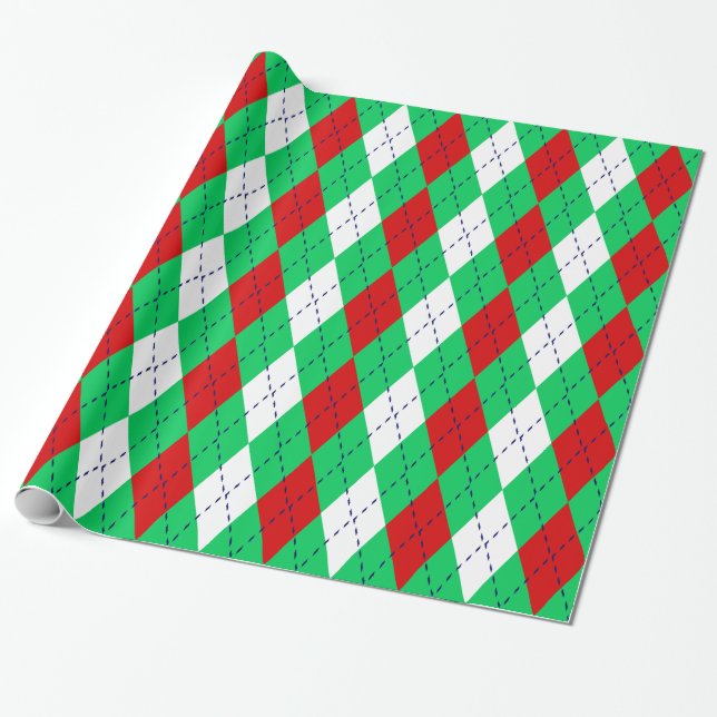 Argyle XL Emerald Green Navy Blue Red Wht Wrapping Paper (Unrolled)