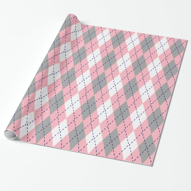 Argyle XL Pink Navy Blue Wht Wrapping Paper (Unrolled)