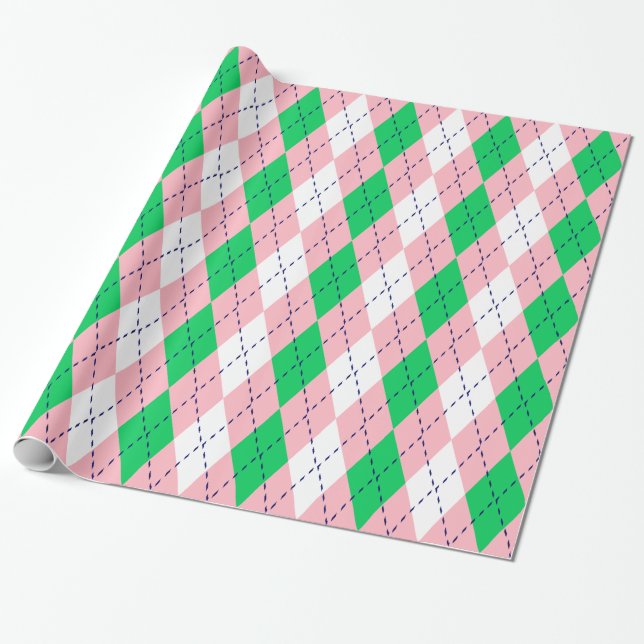 Argyle XL Pink Navy Green Wht Wrapping Paper (Unrolled)