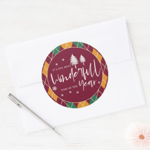 Argyle Yellow Orange Green Merry Christmas Classic Round Sticker