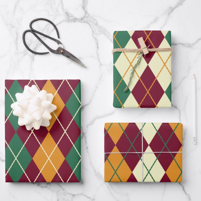 Argyle Yellow Orange Green Merry Christmas Gift Wrapping Paper Sheet (Front)